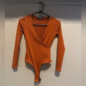 Lulu's - Burnt Orange Wrap Fitted Long Sleeve Bodysuit (Size S)